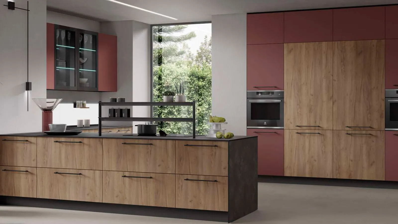 Cucina Moderna con penisola Nevada in Rovere Tabacco e Pet Terracotta opaco di Mobilturi